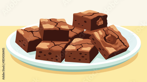 Chocolate brownies flat illustration cut into squares, homemade dessert concept isolated on clean background, ideal for dessert menus, food blogs, and bakery promotions