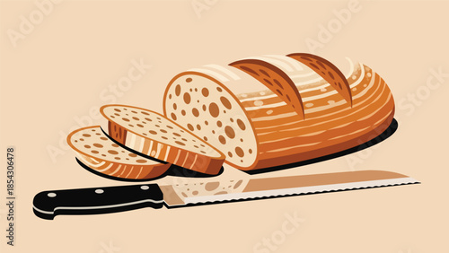Sliced sourdough bread flat illustration showing texture, artisan baking concept isolated on clean background, ideal for bakery branding, bread packaging, and food education
