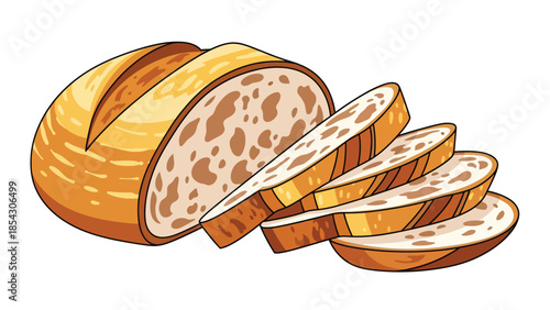 Sliced sourdough bread flat illustration showing texture, artisan baking concept isolated on clean background, ideal for bakery branding, bread packaging, and food education
