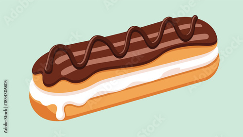 Chocolate eclair pastry flat illustration with cream filling, French dessert concept isolated on clean background, ideal for café menus and bakery branding