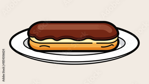 Chocolate eclair pastry flat illustration with cream filling, French dessert concept isolated on clean background, ideal for café menus and bakery branding
