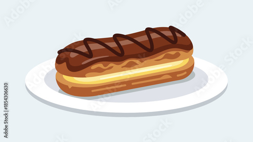 Chocolate eclair pastry flat illustration with cream filling, French dessert concept isolated on clean background, ideal for café menus and bakery branding