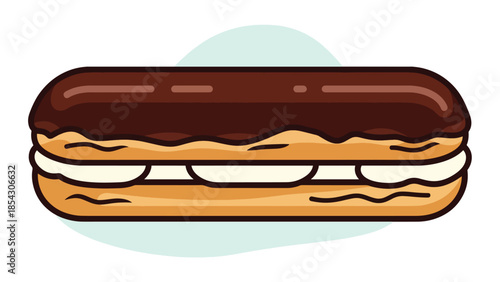 Chocolate eclair pastry flat illustration with cream filling, French dessert concept isolated on clean background, ideal for café menus and bakery branding