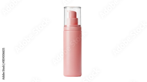 Light pink cosmetic bottle with pump isolated PNG, skincare product for beauty and personal care on transparent background