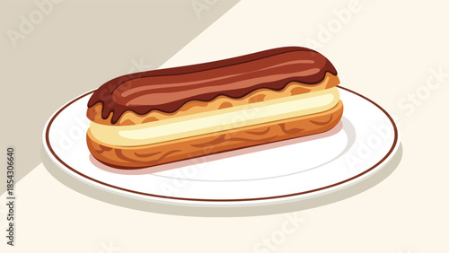 Chocolate eclair pastry flat illustration with cream filling, French dessert concept isolated on clean background, ideal for café menus and bakery branding