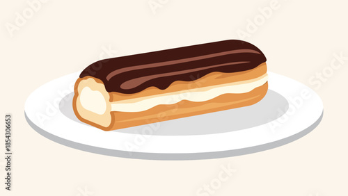 Chocolate eclair pastry flat illustration with cream filling, French dessert concept isolated on clean background, ideal for café menus and bakery branding