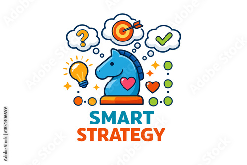 Smart strategy: colorful chess knight with icons representing ideas and planning