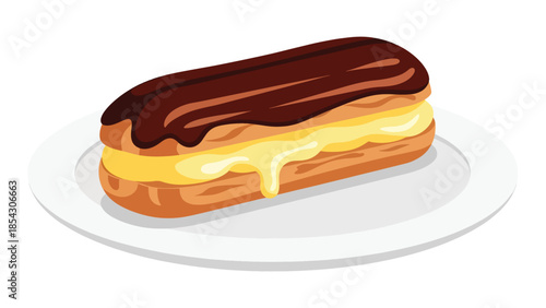 Chocolate eclair pastry flat illustration with cream filling, French dessert concept isolated on clean background, ideal for café menus and bakery branding