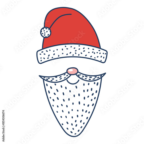 Santa Claus hat, beard, Christmas accessory isolated on transparent. Line drawing. Hand drawn vector illustration. Traditional holiday, Xmas, New Year, seasonal design element, clip art