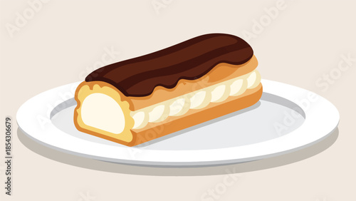 Chocolate eclair pastry flat illustration with cream filling, French dessert concept isolated on clean background, ideal for café menus and bakery branding