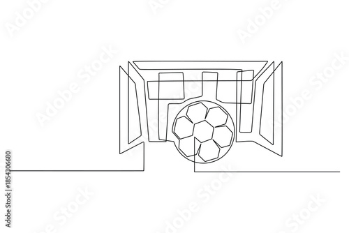 Continuous line illustration of a soccer ball entering the goal net during a match