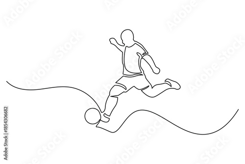 Action single line drawing of a soccer player character kicking the ball