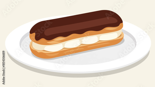 Chocolate eclair pastry flat illustration with cream filling, French dessert concept isolated on clean background, ideal for café menus and bakery branding