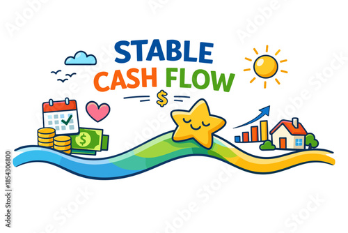 Financial stability concept with smiling star and cash flow elements