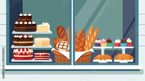 Bakery storefront flat illustration displaying cakes and bread in window, small business food concept isolated on clean background, ideal for retail branding and promotions