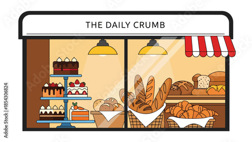 Bakery storefront flat illustration displaying cakes and bread in window, small business food concept isolated on clean background, ideal for retail branding and promotions