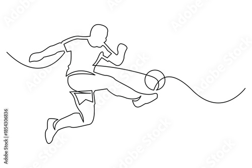 Dynamic continuous line drawing of a soccer athlete in mid-air kicking motion
