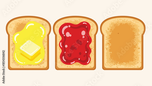 Toast bread breakfast flat illustration with butter and jam, simple morning food concept isolated on clean background, ideal for breakfast menus and food graphics