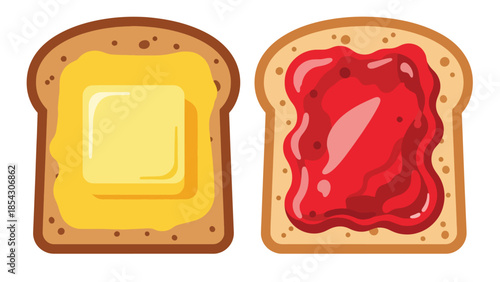 Toast bread breakfast flat illustration with butter and jam, simple morning food concept isolated on clean background, ideal for breakfast menus and food graphics