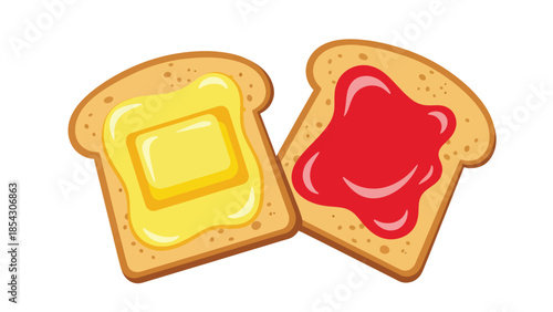 Toast bread breakfast flat illustration with butter and jam, simple morning food concept isolated on clean background, ideal for breakfast menus and food graphics