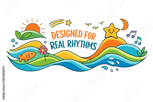 Colorful ocean waves with sun, star, fish, and music elements