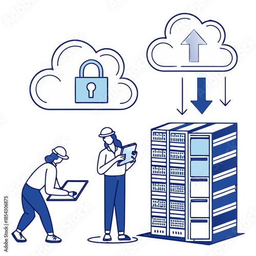 Cloud Computing Server Room with Technicians Working on Data Security and Storage