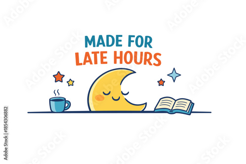 Cute moon with coffee mug, book, and stars for late night study