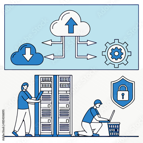 Cloud computing background with server room personnel managing data security and storage infrastructure