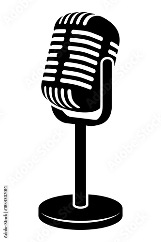 Classic black and white vector illustration of a vintage studio microphone on a stand icon