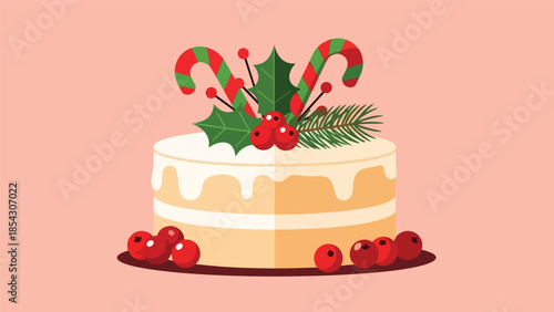 Christmas cake flat illustration with festive decorations and berries, holiday dessert concept isolated on clean background, ideal for seasonal promotions and greeting designs