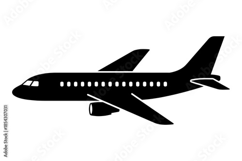 Simple black and white icon graphic silhouette representing a commercial passenger airplane in flight