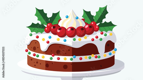 Christmas cake flat illustration with festive decorations and berries, holiday dessert concept isolated on clean background, ideal for seasonal promotions and greeting designs