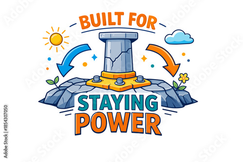 of resilient pillar with arrows, sun, and clouds symbolizing stability and persistence