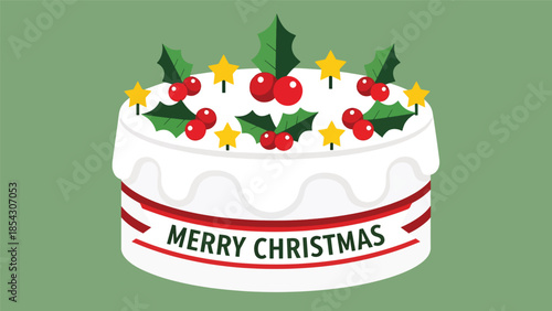 Christmas cake flat illustration with festive decorations and berries, holiday dessert concept isolated on clean background, ideal for seasonal promotions and greeting designs