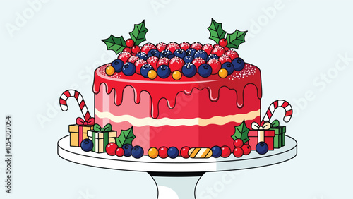 Christmas cake flat illustration with festive decorations and berries, holiday dessert concept isolated on clean background, ideal for seasonal promotions and greeting designs