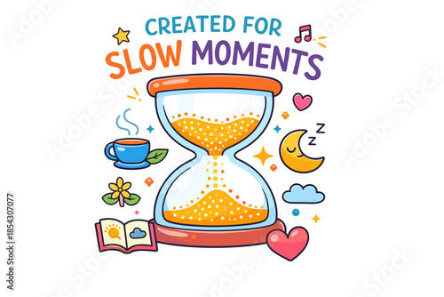 Colorful hourglass surrounded by relaxing symbols of slow living