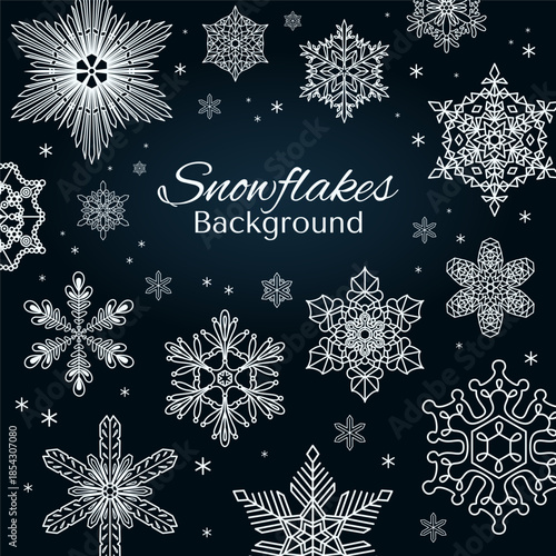 Snowflakes, white falling snow frame with copy space, border, background. Line drawing. Hand drawn vector illustration. Seasonal, winter design, blue backdrop, banner. Different shapes, ice crystals