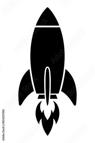 Simple black and white icon silhouette of a powerful rocket ship launching upwards into space