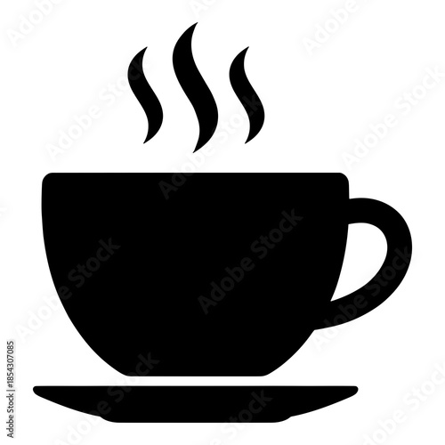 Simple black and white icon graphic of a steaming hot beverage in a classic ceramic cup and saucer