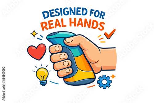Colorful ergonomic hand grip design with illustrative elements and text emphasis