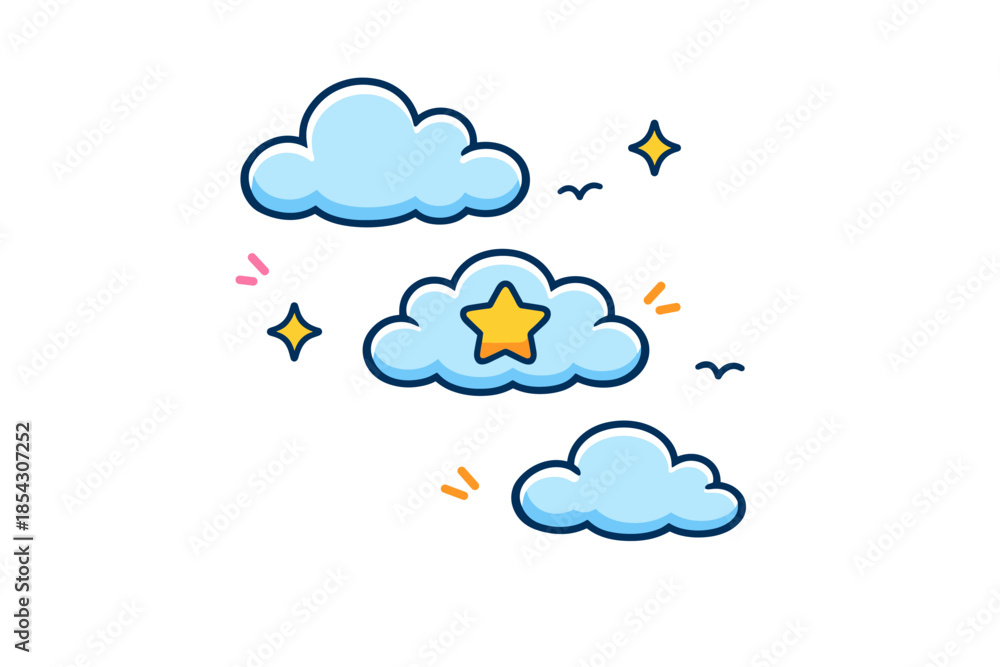 Obraz premium Whimsical cartoon clouds and stars on clear sky background