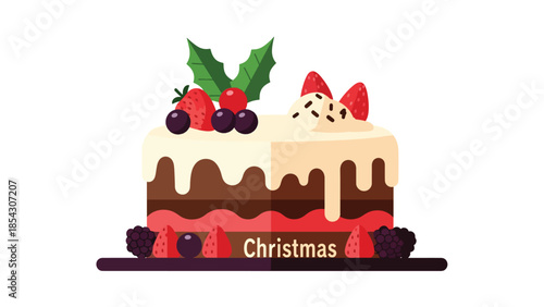 Christmas cake flat illustration with festive decorations and berries, holiday dessert concept isolated on clean background, ideal for seasonal promotions and greeting designs