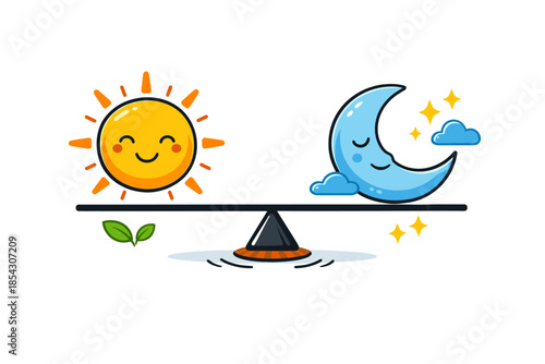 Sun and moon cartoon balance with smiling faces and stars