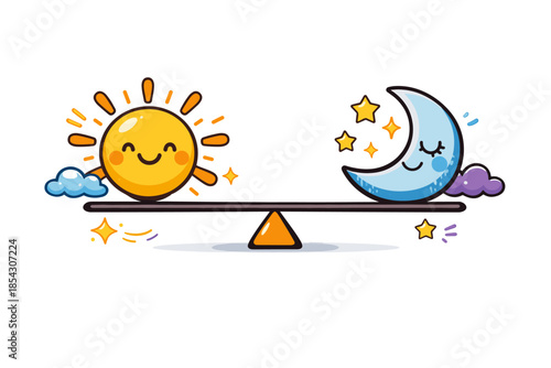 Cute sun and moon balancing on seesaw with stars and clouds