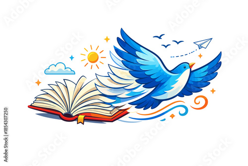 Blue dove soaring from open book with sun clouds and paper airplane