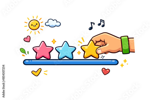 Hand arranging colorful stars with smiling sun and music notes