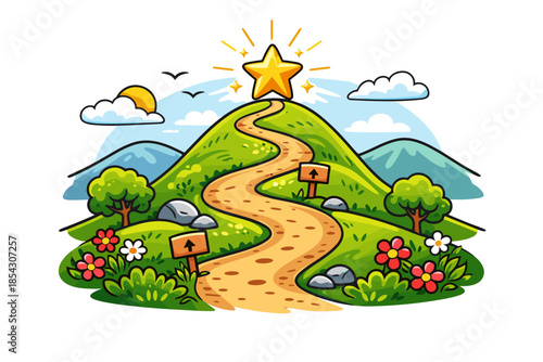 Whimsical mountain path to star with vibrant nature and clear sky