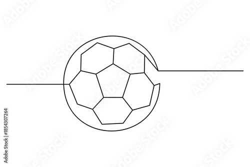 Clean continuous line illustration of a soccer ball floating on a horizontal line