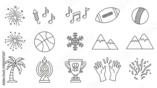 Hand drawn sport and competition icons including trophies medals balls and fitness symbols for event and infographic use.
