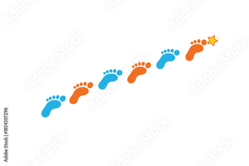 Alternating blue and orange footprints with star accent on white background